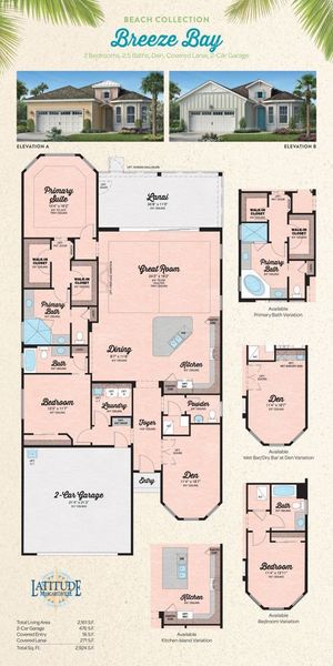 2D floor plan layout for the Breeze Bay by Minto Communities in Latitude Margaritaville Watersound, Panama City Beach, FL (Image 3).