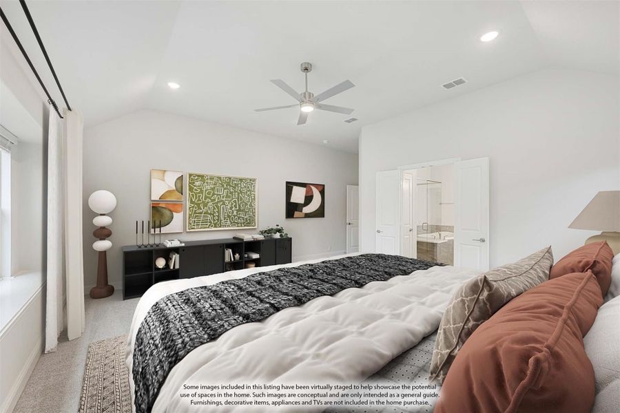 Bedroom with vaulted ceiling, ceiling fan, carpet flooring, and ensuite bathroom doorway visible in background. Bedroom with vaulted ceiling, ceiling fan, carpet flooring, and ensuite bathroom doorway visible in background.