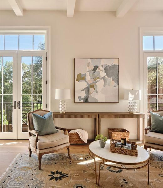 Living room features Juliet balconies with designer metalwork facing Kennelwood.