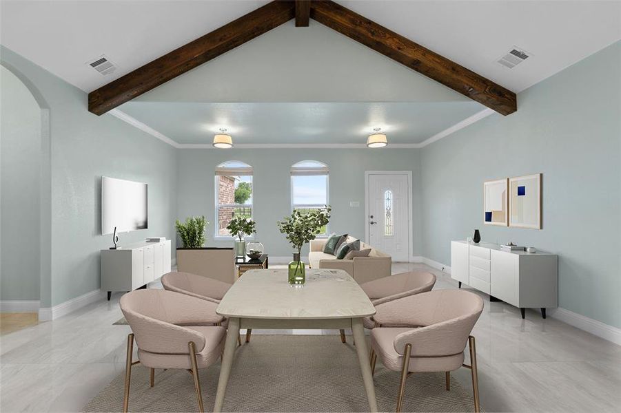 Dining area featuring light tile patterned flooring and lofted ceiling with beams