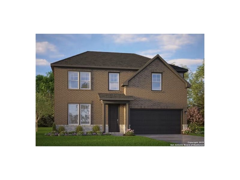 Front exterior of a new home in Bricewood, San Antonio, TX, highlighting curb appeal (Image 1).