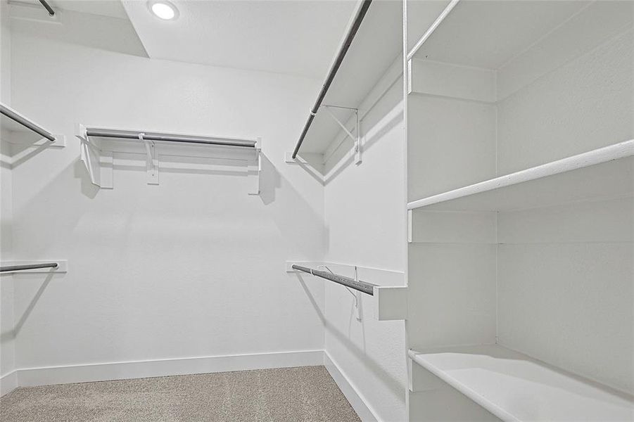 Spacious closet with light carpet