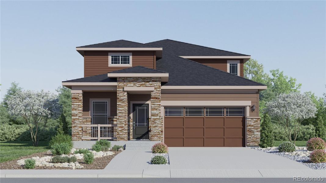 Front exterior of a new home in Kinston, Loveland, CO, highlighting curb appeal (Image 2). Front exterior of a new home in Kinston, Loveland, CO, highlighting curb appeal (Image 2).