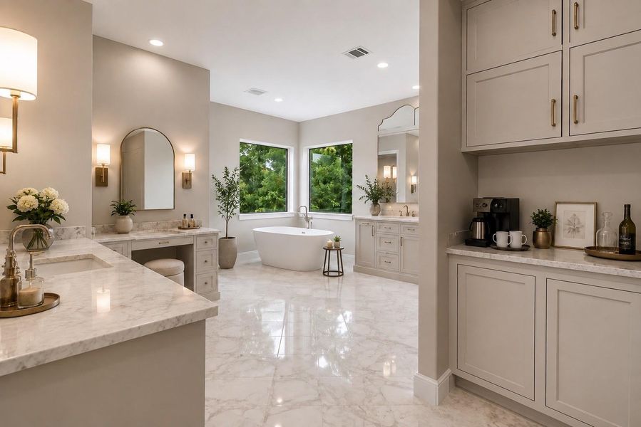 Completing the retreat is a coffee bar for morning convenience and a private water closet, blending exceptional comfort with elegant functionality.  Virtually staged to illustrate furnishing possibilities
