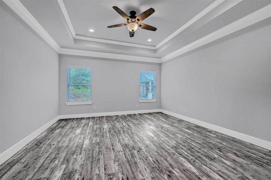 Spare room with ceiling fan, plenty of natural light, and ornamental molding