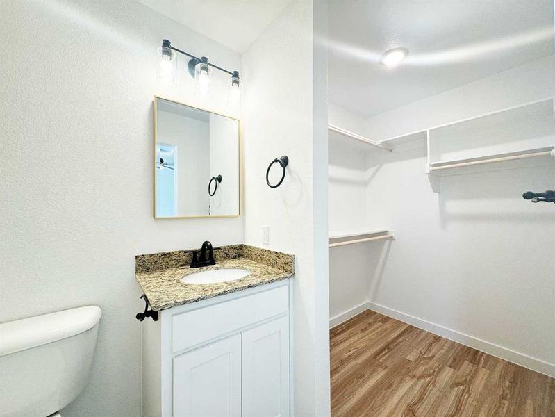Bathroom featuring wood finished floors, a walk in closet, vanity, baseboards, and toilet