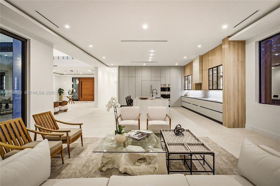 Casual lounge area with kitchen view