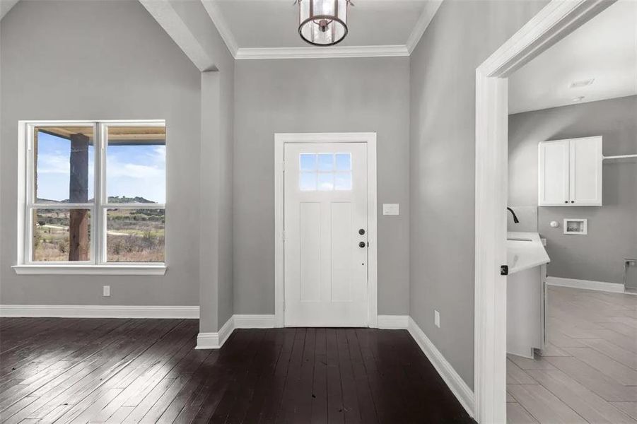 Entrance foyer with dark wood finished floors and crown molding