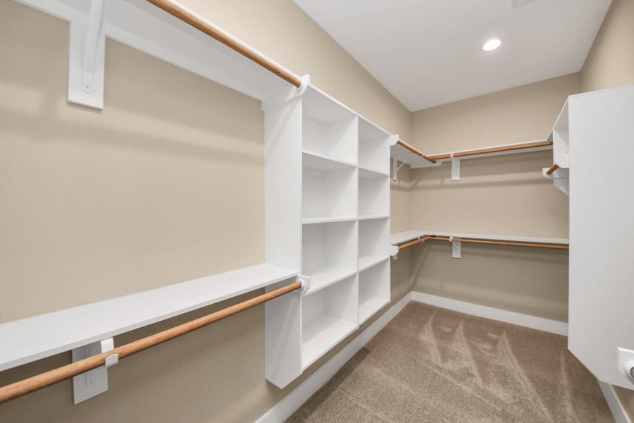 Spacious primary walk-in closet featuring custom built-ins, open shelving, and ample hanging space for organized storage.