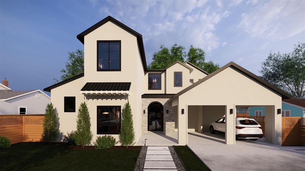 A modern facade with striking dark trim and a covered carport create exceptional curb appeal.