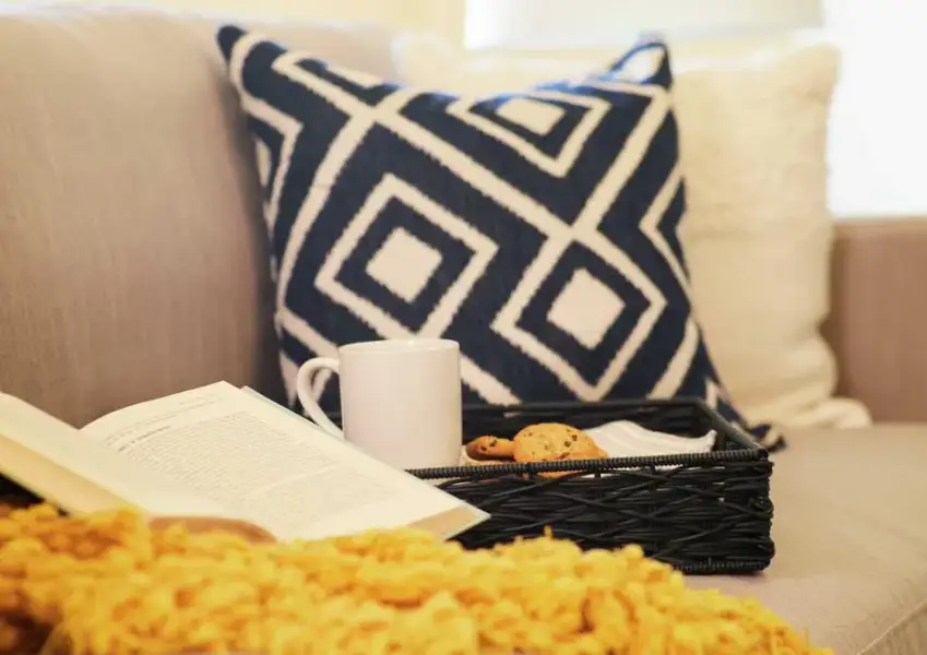 Home with light color couch, black and white patterned pillow and an open book. Home with light color couch, black and white patterned pillow and an open book.