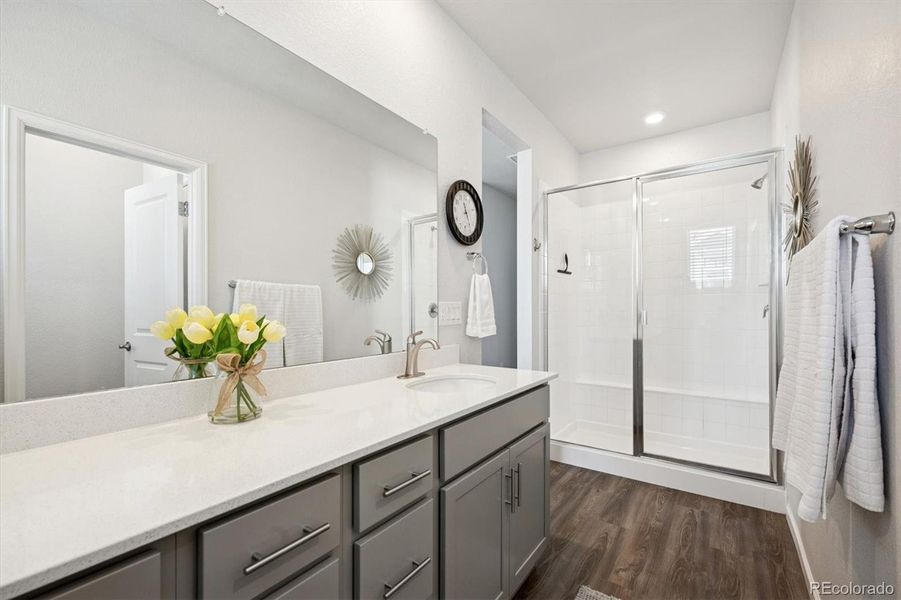 Large vanity area, 2 undermount sinks, walk-in shower with bench Large vanity area, 2 undermount sinks, walk-in shower with bench