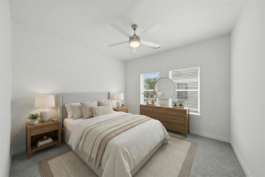 The two guest bedrooms share a hall bathroom.