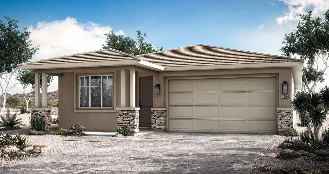 Front exterior of a new home in Icon at Thunderbird, Glendale, AZ, highlighting curb appeal (Image 1).