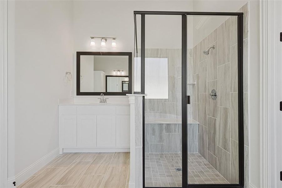 Bathroom with a shower with door and vanity