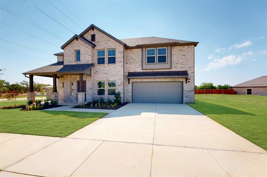 Front exterior of a new home in Kings Way, Denton, TX, highlighting curb appeal (Image 2).