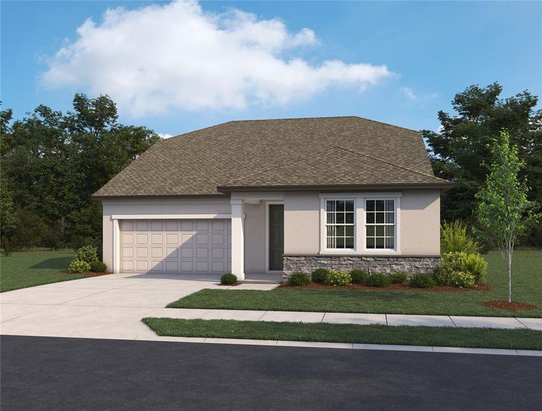 Front exterior of a new home in Oakfield Trails Signature, Parrish, FL, highlighting curb appeal (Image 1).