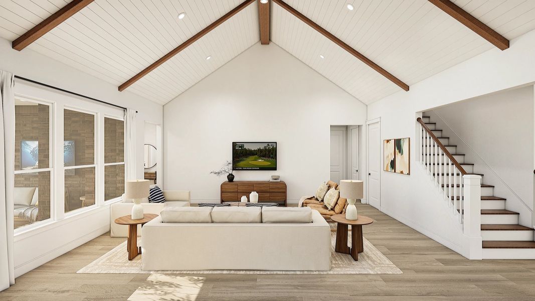 Great Room with Shiplap and Stained Ceiling Beams Great Room with Shiplap and Stained Ceiling Beams