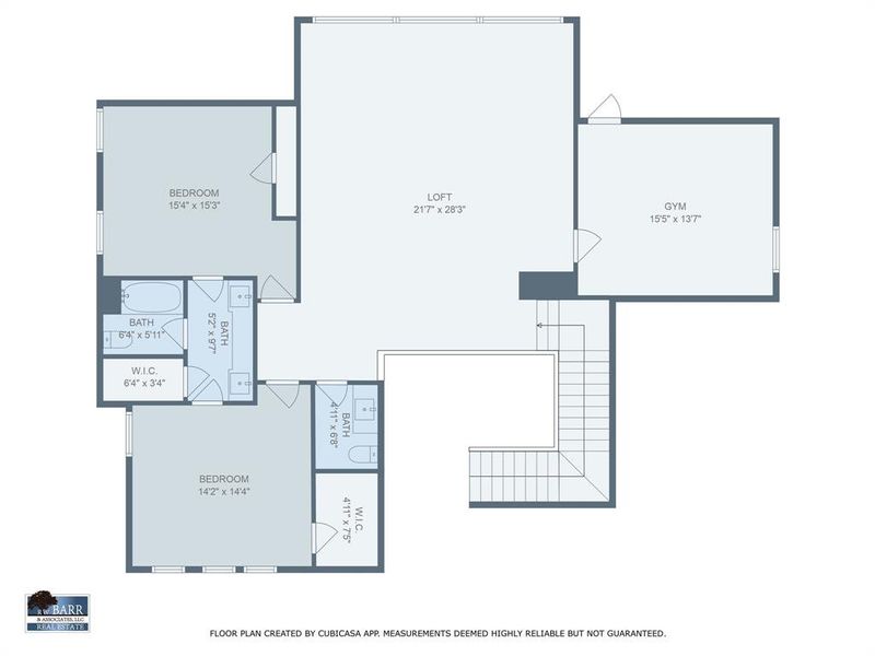 This floor plan features a spacious loft area (21'7" x 28'3") at the center. It includes two bedrooms: one measuring 15'4" x 15'3" with a walk-in closet and a bathroom, and another at 14'2" x 14'4" with a smaller walk-in closet and bathroom. There's a third bath near the stairs. Additionally, there's a gym space measuring 15'5" x 13'7". The layout is open and functional, ideal for flexible living.