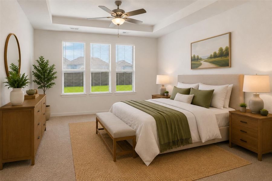 Natural light floods this inviting bedroom, highlighting the cozy carpets and tray ceiling. Virtually Staged Natural light floods this inviting bedroom, highlighting the cozy carpets and tray ceiling. Virtually Staged