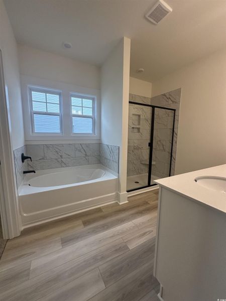 Bathroom featuring vanity, a shower stall, a bath, and light wood-style flooring
