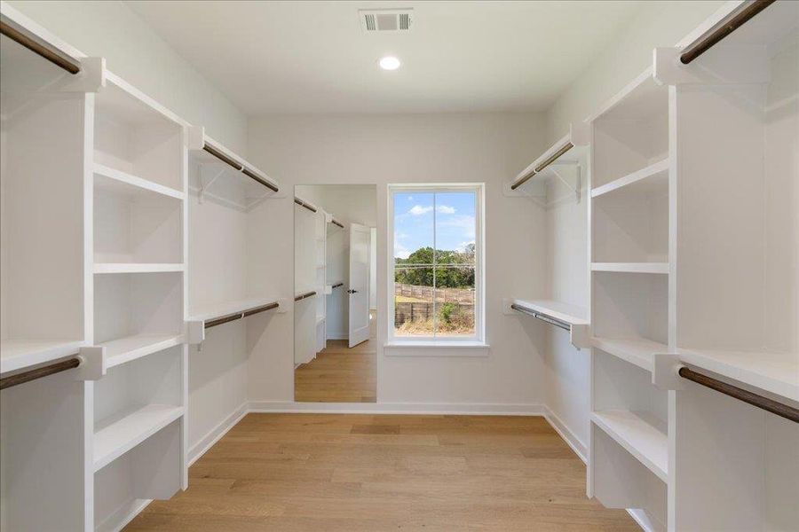 Walk in closet with light wood-style flooring
