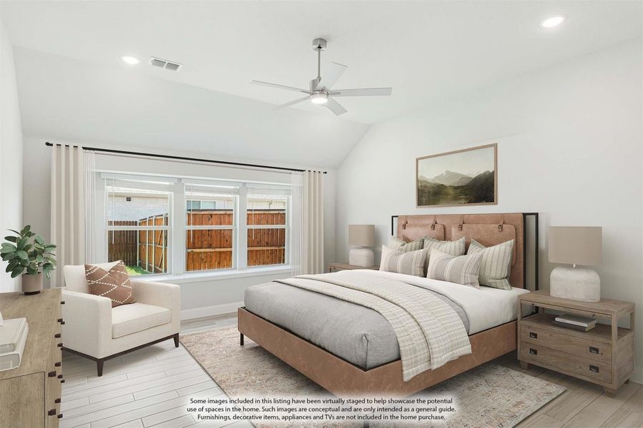 Bedroom with vaulted ceiling, ceiling fan, tan upholstered bed, and large windows with white curtains