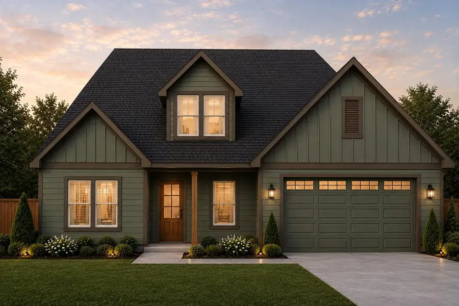 Charming two-story home with a cozy front porch, elegant gabled roof, and inviting warm exterior lighting. (Renderings are for illustrative purposes only. Final finishes, colors, materials, features, and landscaping are subject to change during construction.) Charming two-story home with a cozy front porch, elegant gabled roof, and inviting warm exterior lighting. (Renderings are for illustrative purposes only. Final finishes, colors, materials, features, and landscaping are subject to change during construction.)
