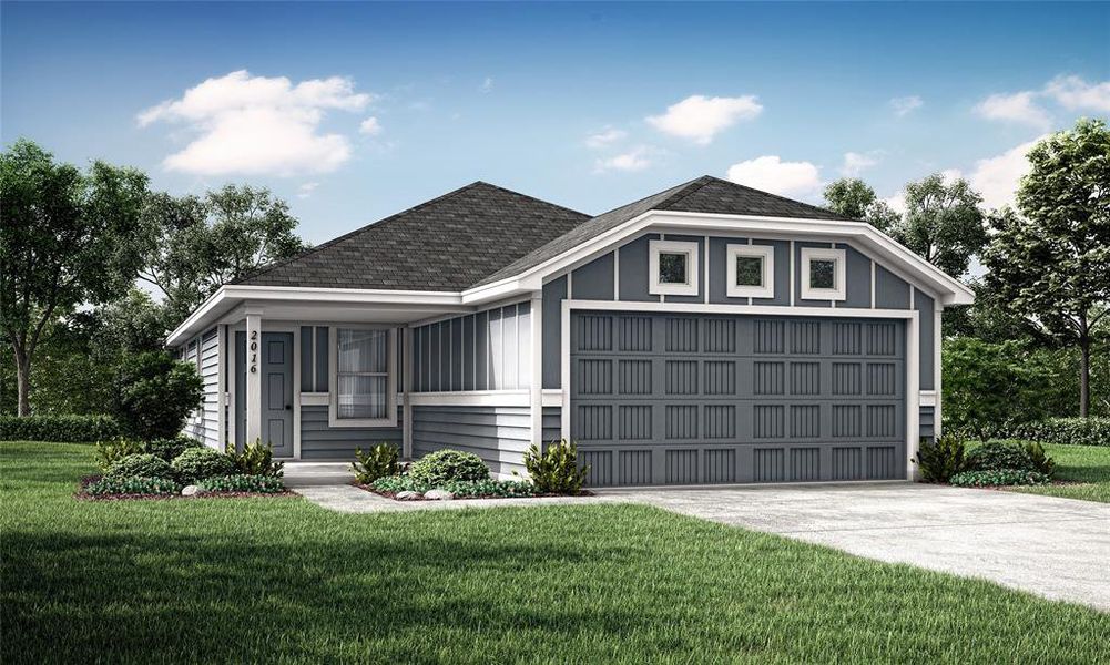 View of front of home featuring a garage and a front lawn