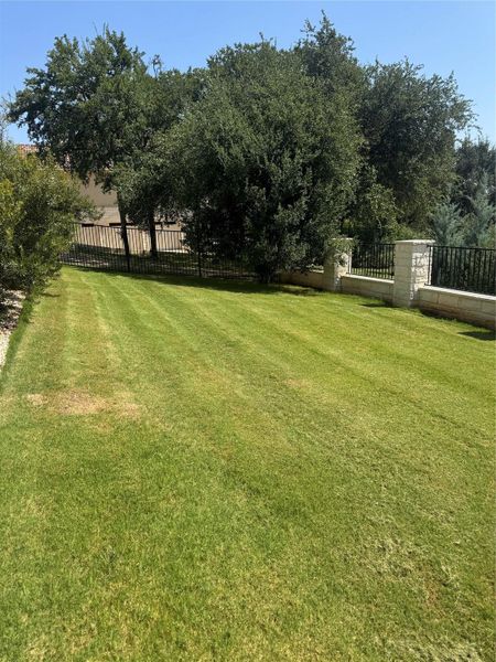 A verdant backyard with mature trees and a charming stone wall offers ample space for outdoor enjoyment.