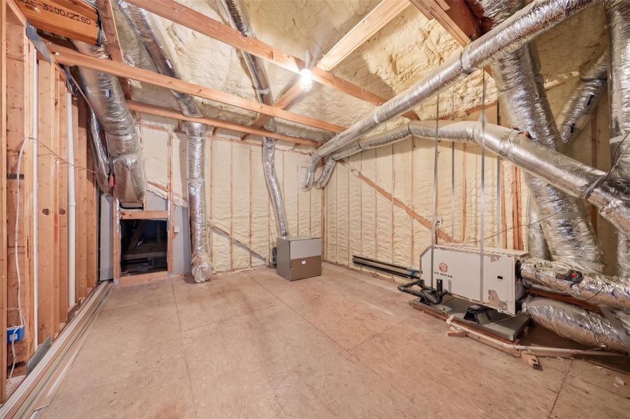 Attic storage located just off the game room hallway offers exceptional versatility, with ample space that could be finished to create a fifth bedroom, private guest suite, or additional flex space if desired.