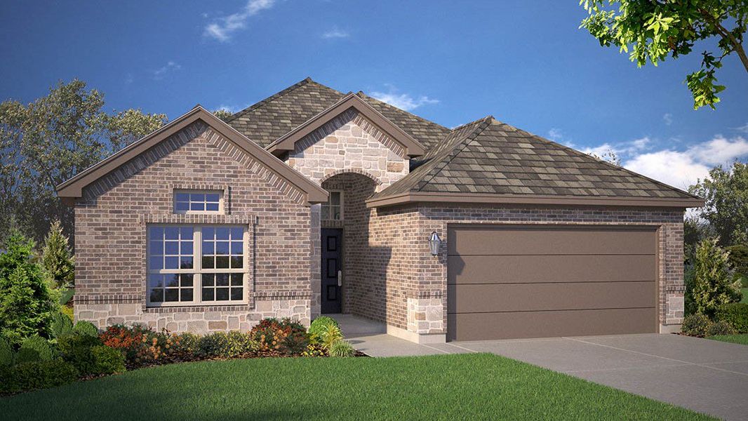 Front exterior of a new home in Saratoga, Granbury, TX, highlighting curb appeal (Image 1). Front exterior of a new home in Saratoga, Granbury, TX, highlighting curb appeal (Image 1).