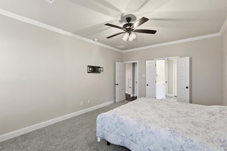 Carpeted bedroom with crown molding and a ceiling fan