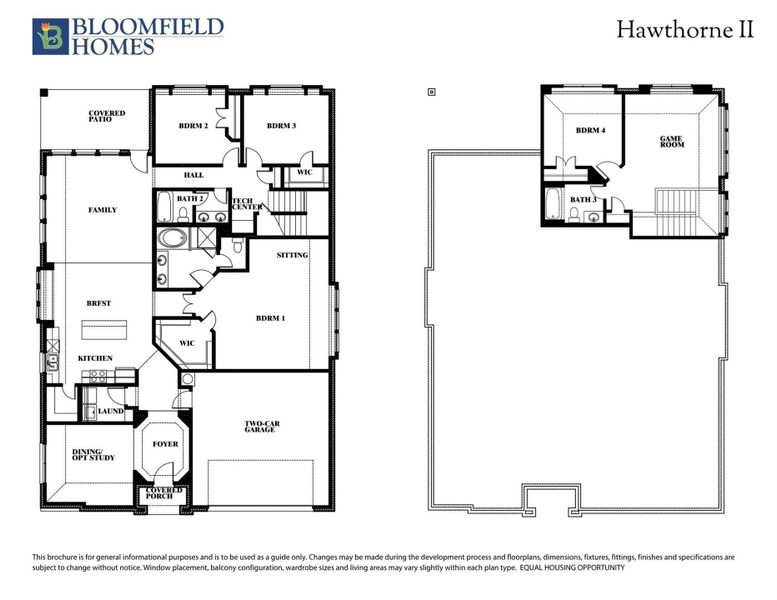 Bloomfield Homes Hawthorne II floor plan with four bedrooms, game room, two-car garage, and covered patio across two floors. Bloomfield Homes Hawthorne II floor plan with four bedrooms, game room, two-car garage, and covered patio across two floors.