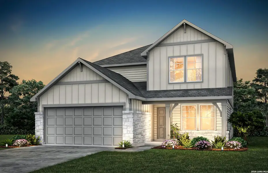 Front exterior of a new home in The Overlook at Creekside, New Braunfels, TX, highlighting curb appeal (Image 1). Front exterior of a new home in The Overlook at Creekside, New Braunfels, TX, highlighting curb appeal (Image 1).