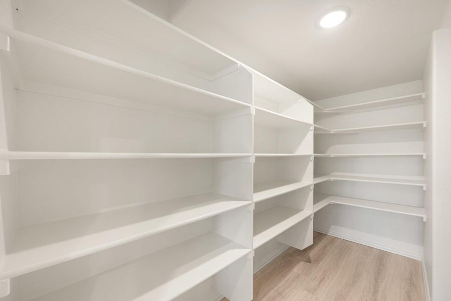 Walk-in pantry with multiple white shelves on two walls and light wood flooring