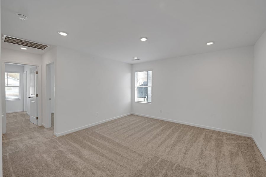 A room with a carpet and windows.