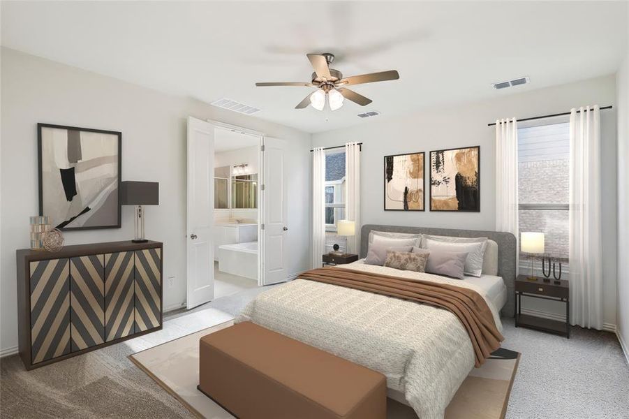 Bedroom featuring connected bathroom, ceiling fan, and light colored carpet