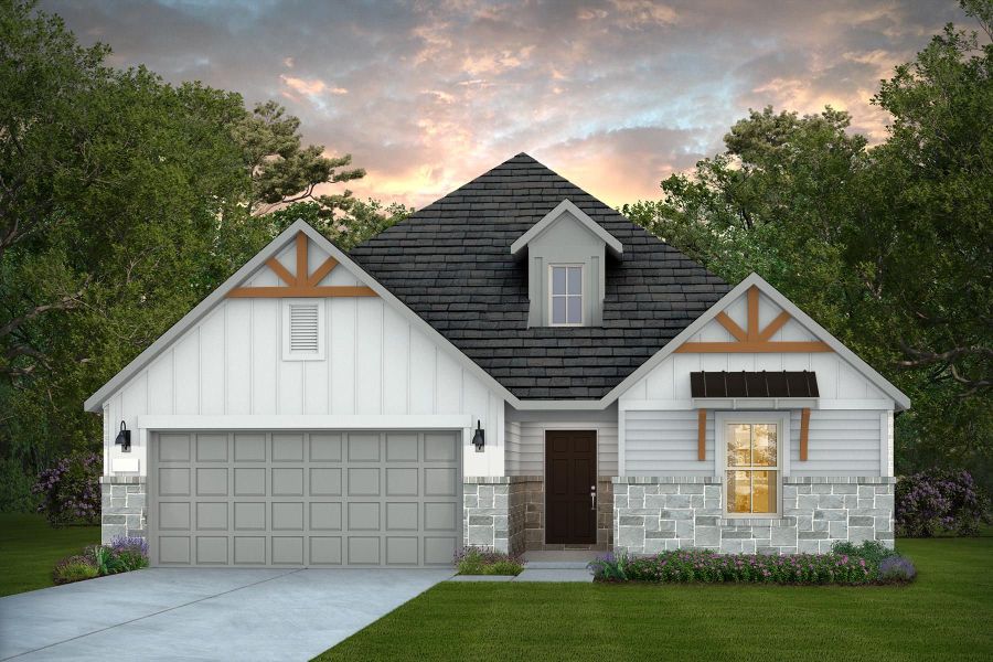 Front exterior of a new home in Legacy at Lake Dunlap, New Braunfels, TX, highlighting curb appeal (Image 1). Front exterior of a new home in Legacy at Lake Dunlap, New Braunfels, TX, highlighting curb appeal (Image 1).