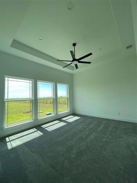 Spare room with a tray ceiling, dark carpet, and a ceiling fan Spare room with a tray ceiling, dark carpet, and a ceiling fan
