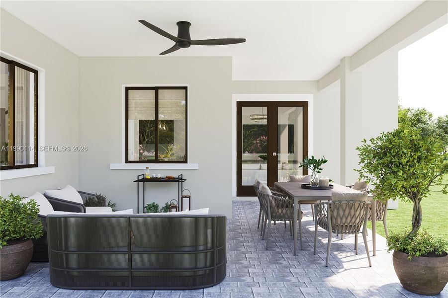 Exterior details and patio area of a home in Greenview at Presidential, Miami (Image 2). Exterior details and patio area of a home in Greenview at Presidential, Miami (Image 2).