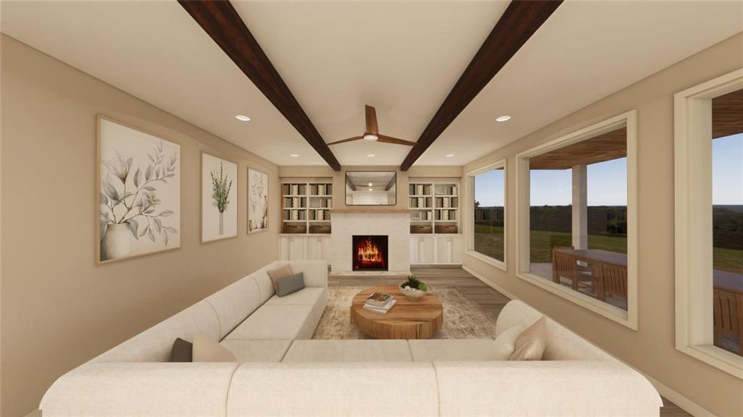 Living area featuring beam ceiling, a warm lit fireplace, wood finished floors, built in shelves, and recessed lighting
