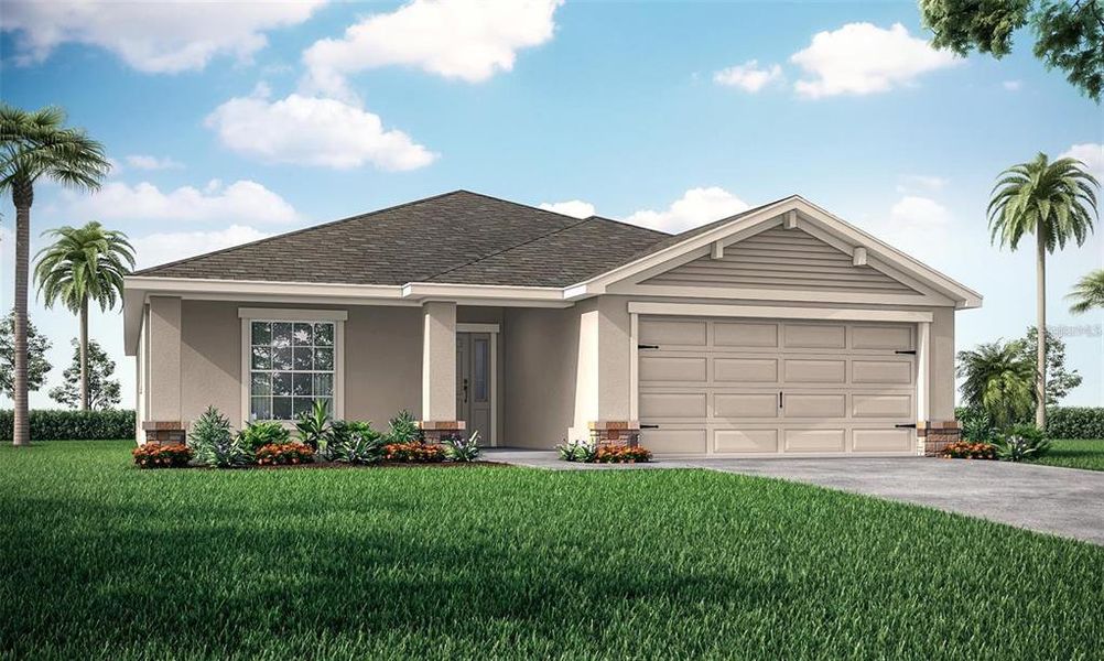 Front exterior of a new home in Aviary at Rutland Ranch, Parrish, FL, highlighting curb appeal (Image 1). Front exterior of a new home in Aviary at Rutland Ranch, Parrish, FL, highlighting curb appeal (Image 1).