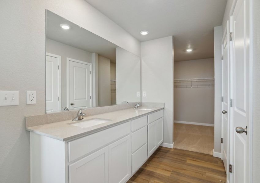 The master bathroom has a dual sink vanity and a step in shower.
