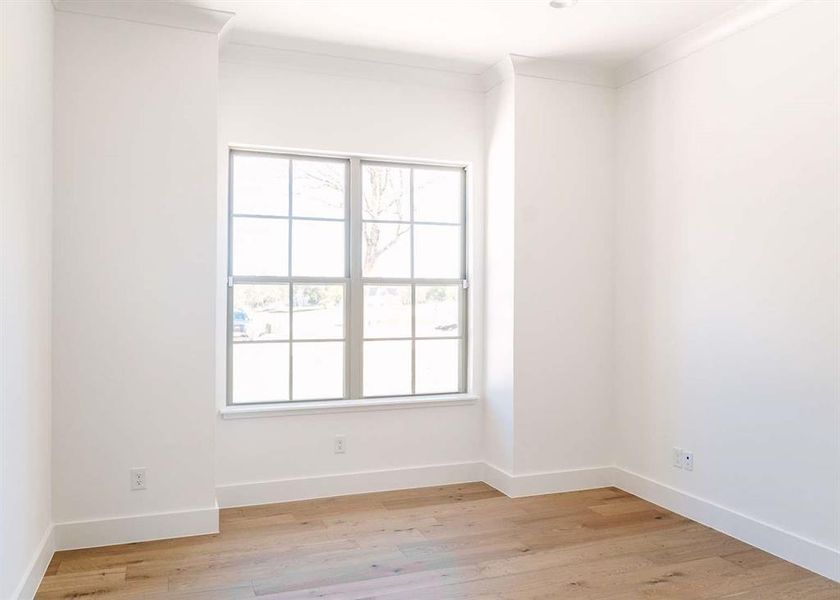 Unfurnished room with crown molding and light hardwood / wood-style flooring