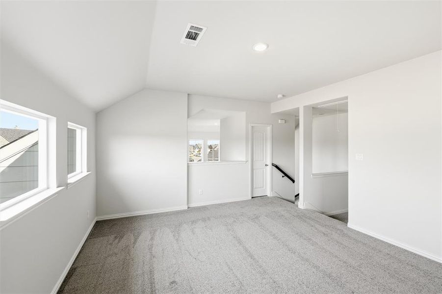 Empty room featuring carpet floors and lofted ceiling