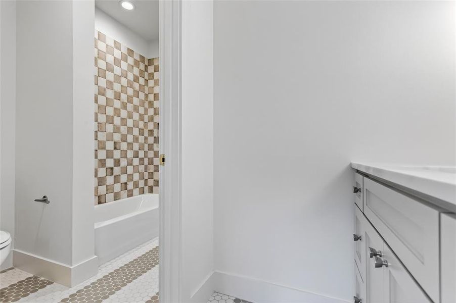 Private vanity 2 of 2 with  shared tub and toilet in Jack and Jill bathroom