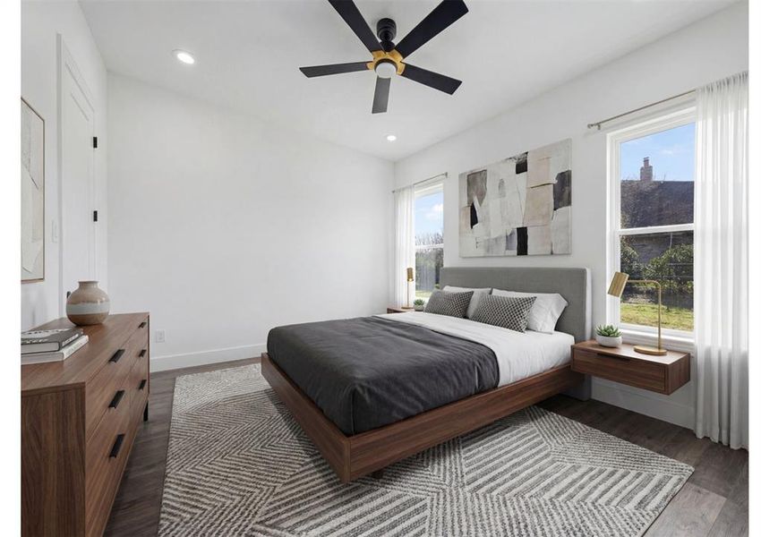 Virtually Staged - Bedroom with wood finished floors, recessed lighting, and a ceiling fan