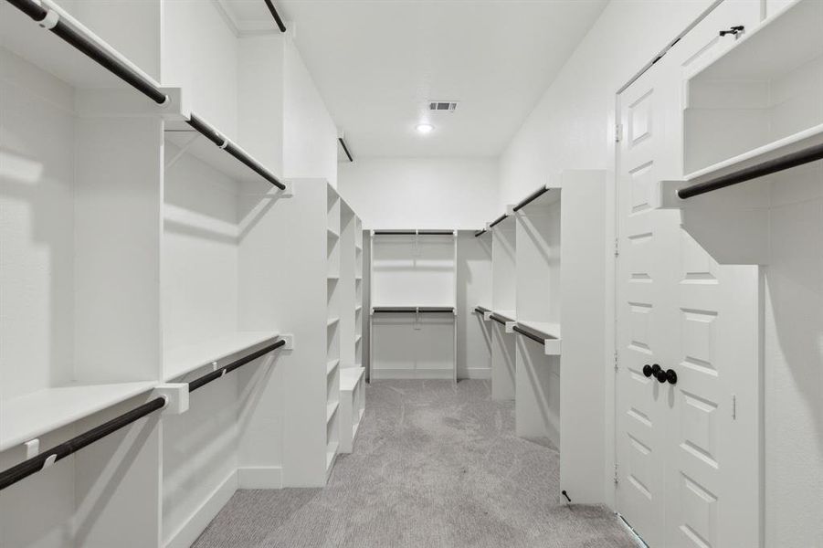 Spacious closet with light carpet