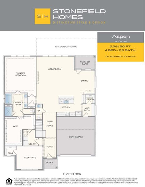 2D floor plan layout for the Aspen by Stonefield Homes in Heath Golf and Yacht Club, Rockwall, TX (Image 5).